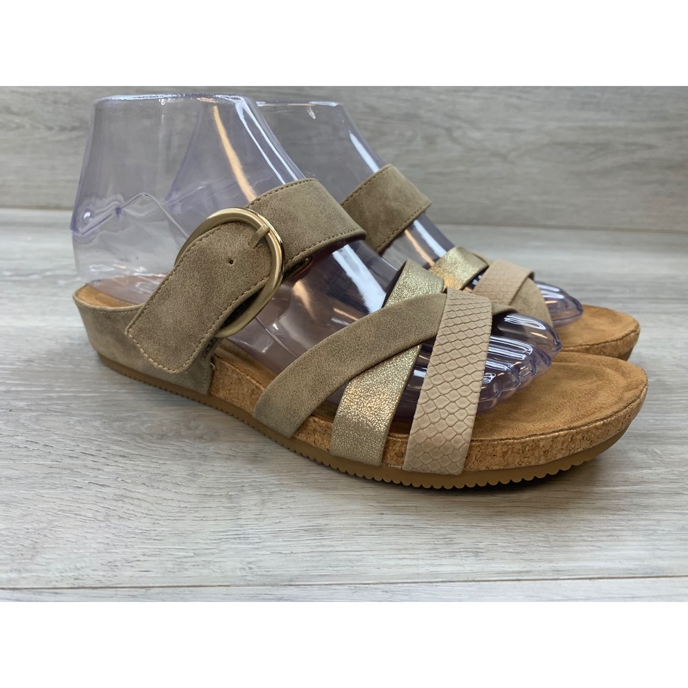 EuroSoft by Sofft Women's Taupe Gold Metallic Snakeskin Strappy Sandals 7 Shoes